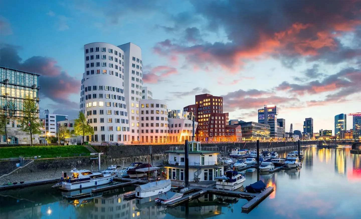 Riverside skyline at dusk, Düsseldorf, Germany