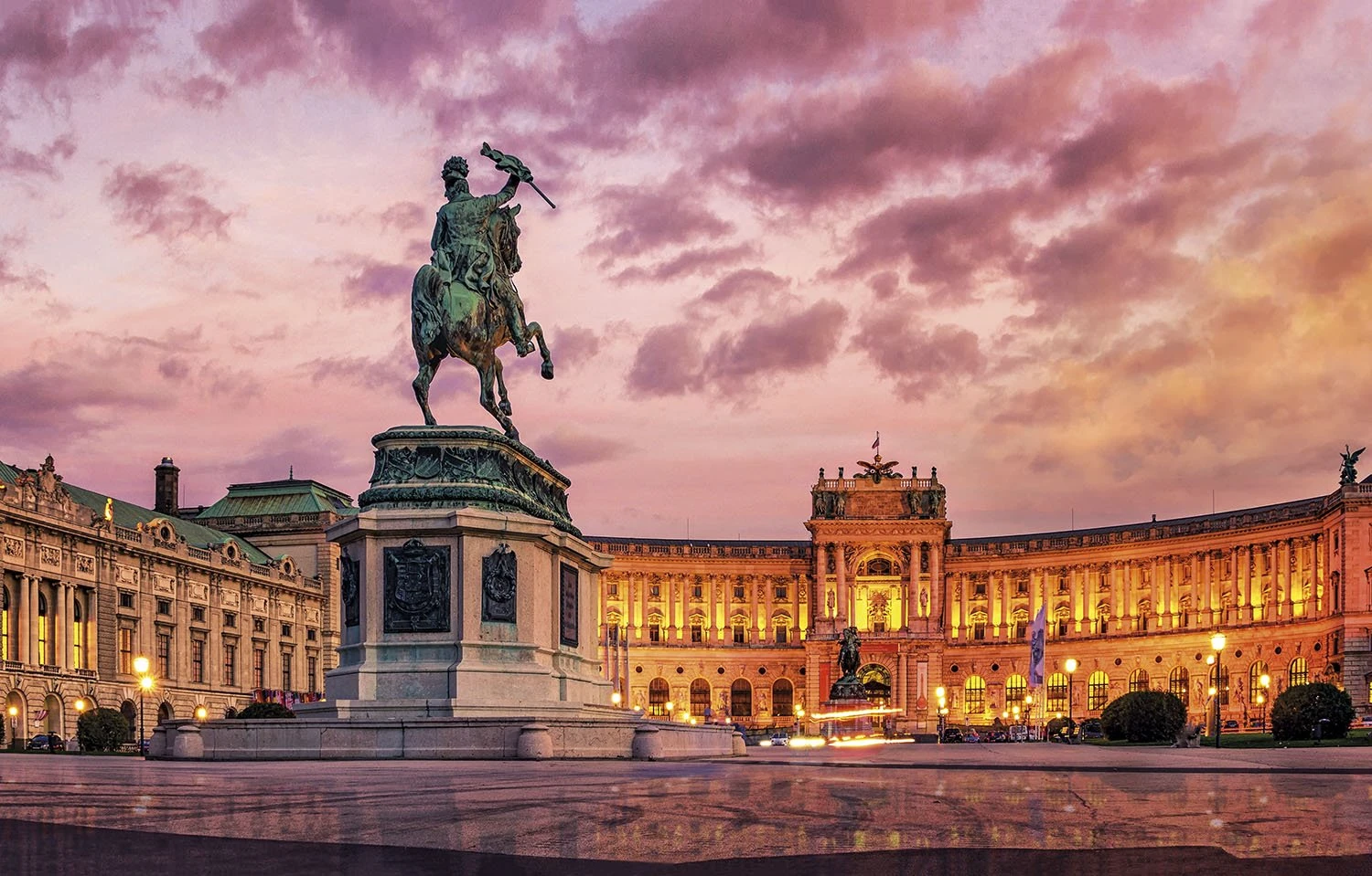 Equestrian statue at sunset, Vienna, Austria
