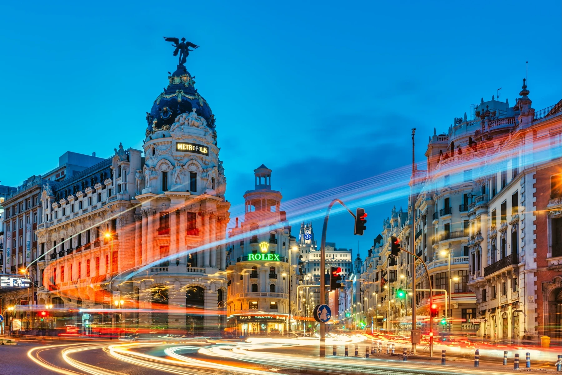 City skyline at blue hour, Madrid, Spain