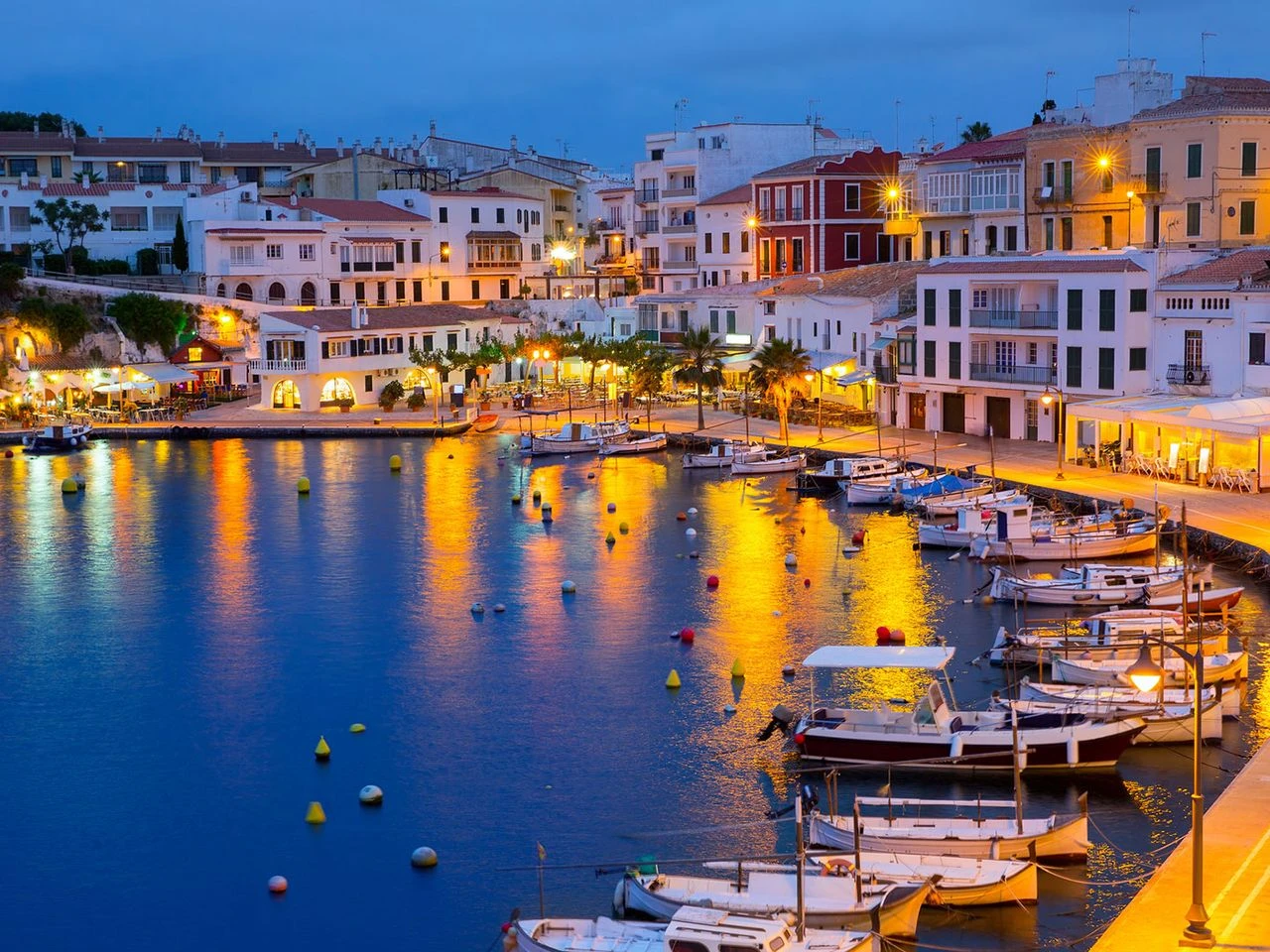 Harbor with boats at sunset, Balearic Islands, Spain