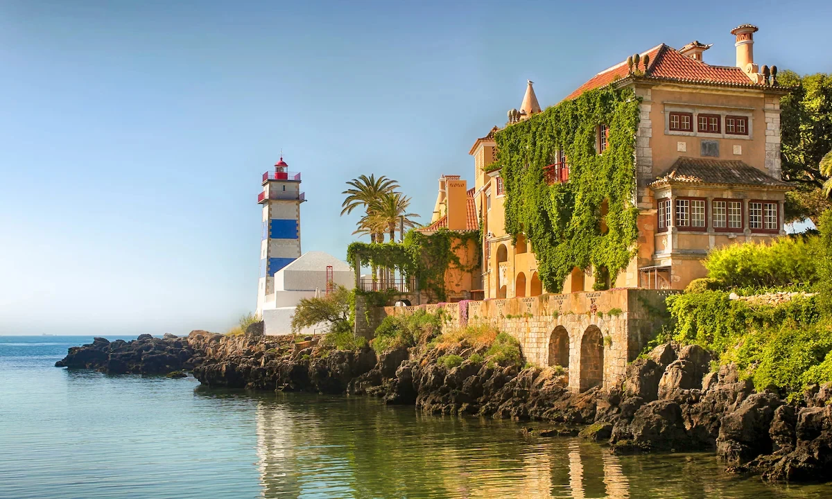 Lush green climbing plants on a building, Cascais, Portugal