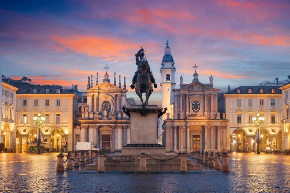 City skyline at dusk, Turin, Italy