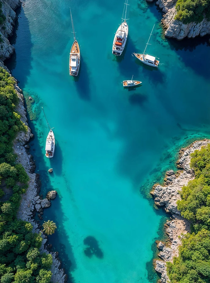 Aerial view of boats anchored in a turquoise cove