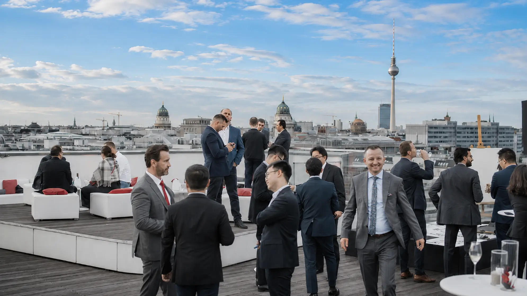 Business professionals networking on a rooftop terrace with the Berlin TV Tower in the background